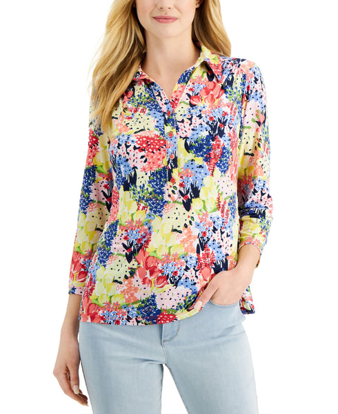 Charter Club Womens Printed 3/4-Sleeve Polo Top